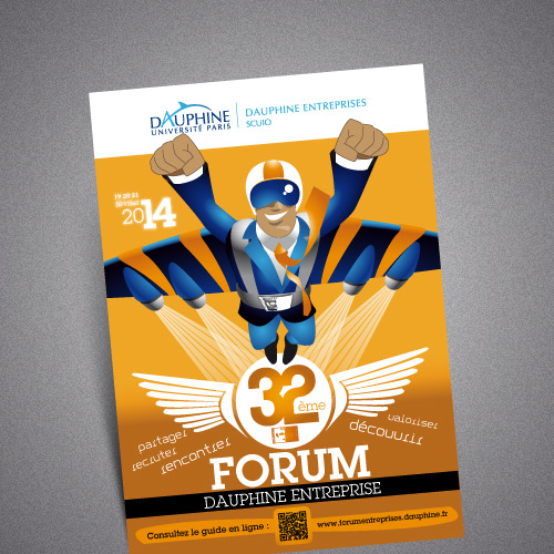 Création d'une affiche au design décalé pour le Forum Dauphine Entreprise à Paris - Déclinaison d'un programme et de flyer d'invitation sur la même charte graphique
