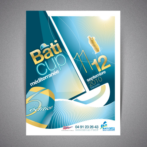 Design de l'affiche Baticup Marseille 2010 avec badges et flyer d'invitation
