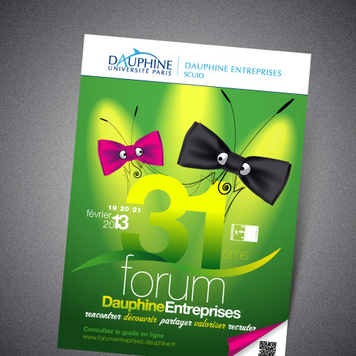 Design de l'affiche Paris Dauphine 2013 dans un style élégant et humoristique - Illustration de la rencontre pro/étudiant - Création de flyer, programme et affiche